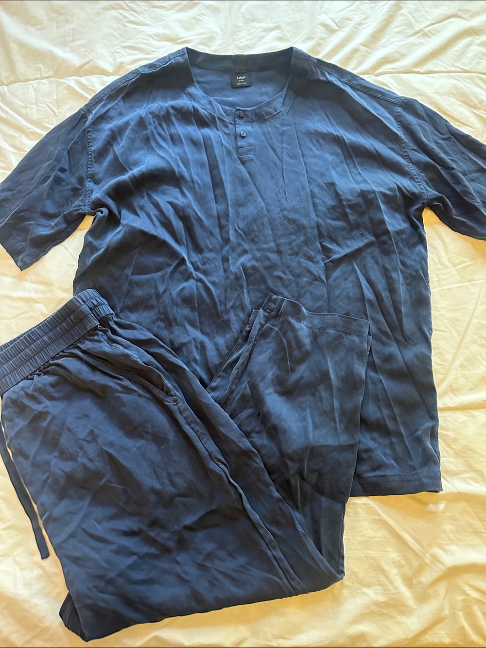 Lahgo Lunya Navy Blue Men's Henley Top  Silk Pajamas Set